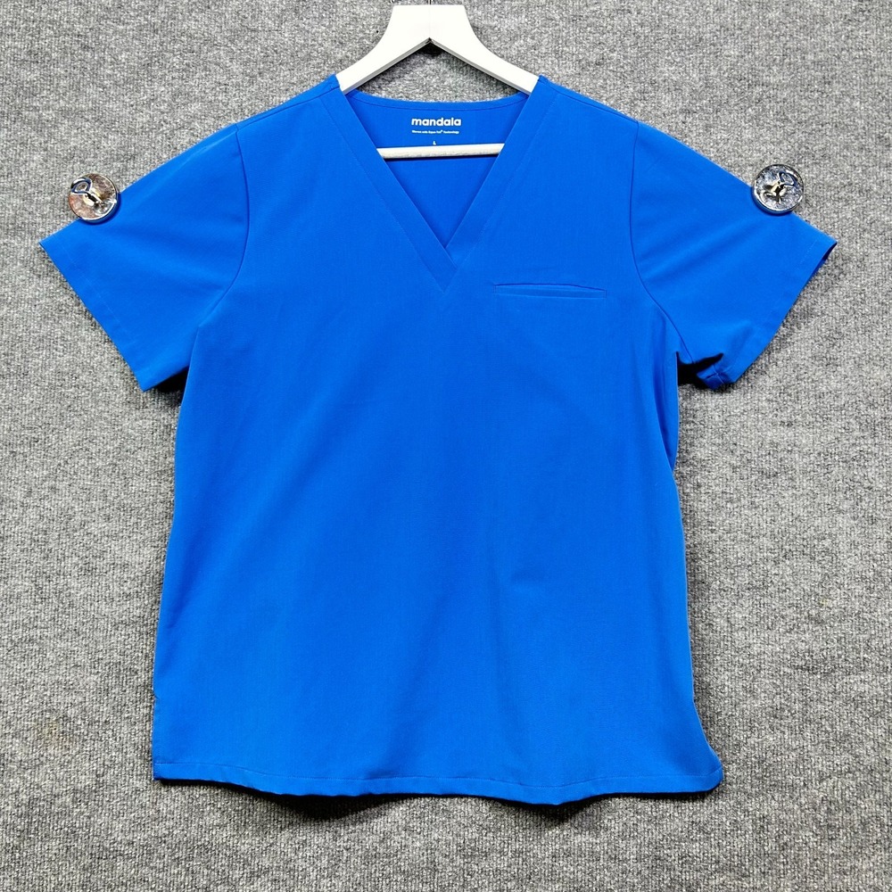Mandala V-Neck Scrub Top Womens Large Royal Blue Good Short Sleeve Equa-Tek